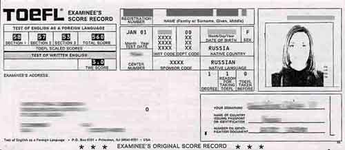 TOEFL Score Card